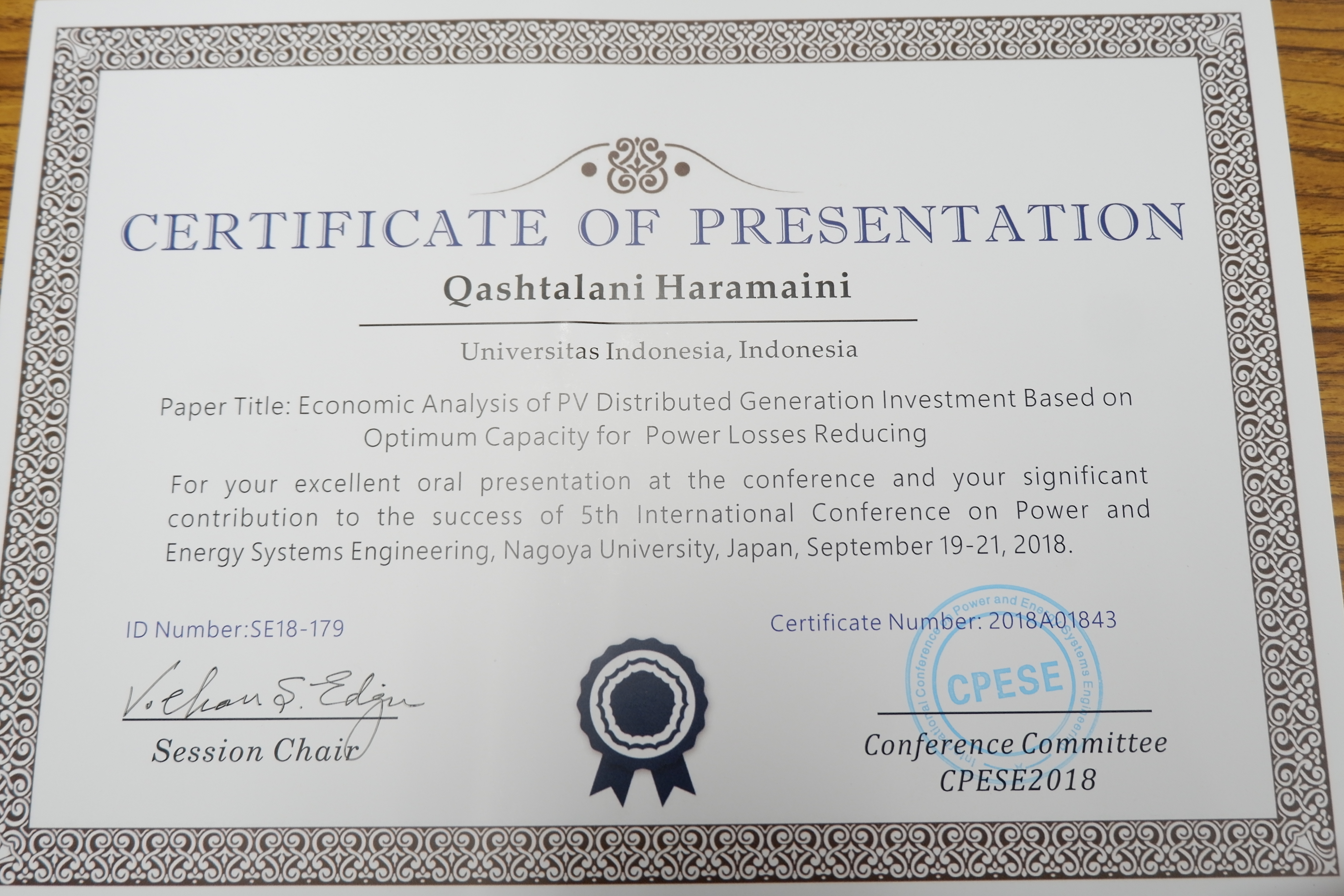 CPESE 2018 — Certificate of Presentation